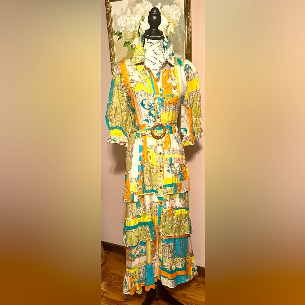 Colorful printed cotton Maxi button down belted dress with elbow length sleeves